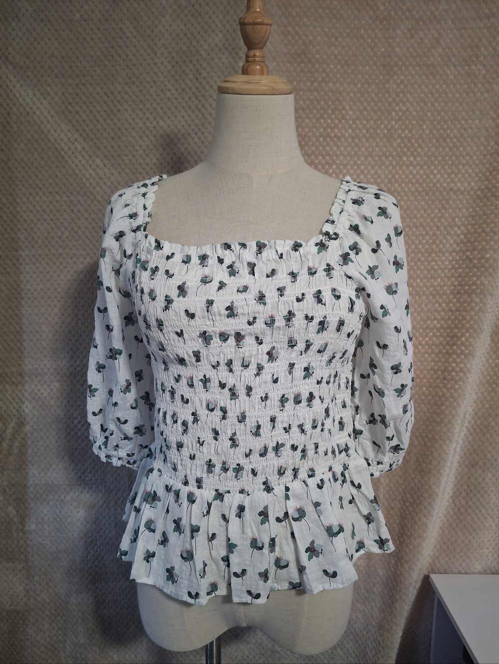 LOFT Women's White Smocked Peplum Blouse with Green Floral Print